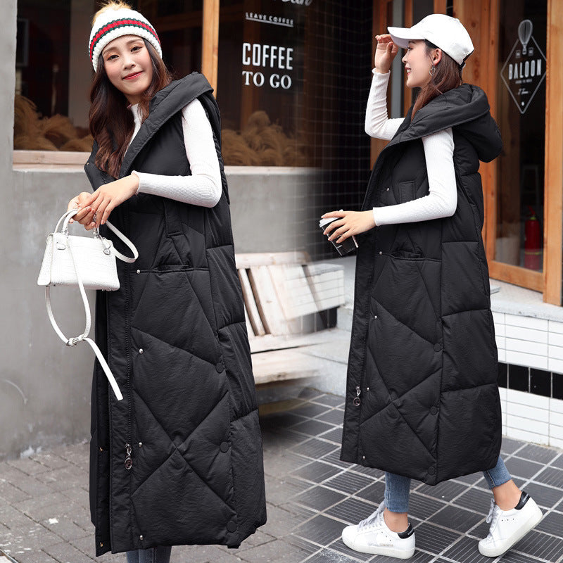 Taylor hooded mid length puffer vest onyx black quilted jacket